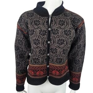 Vintage Dale Of Norway Pure New Wool Sweater Cardigan Womens Medium Black Red
